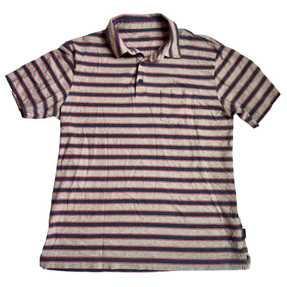 Patagonia Striped Polo Shirt STY52776 Organic Cotton Blue Pink Mens Medium